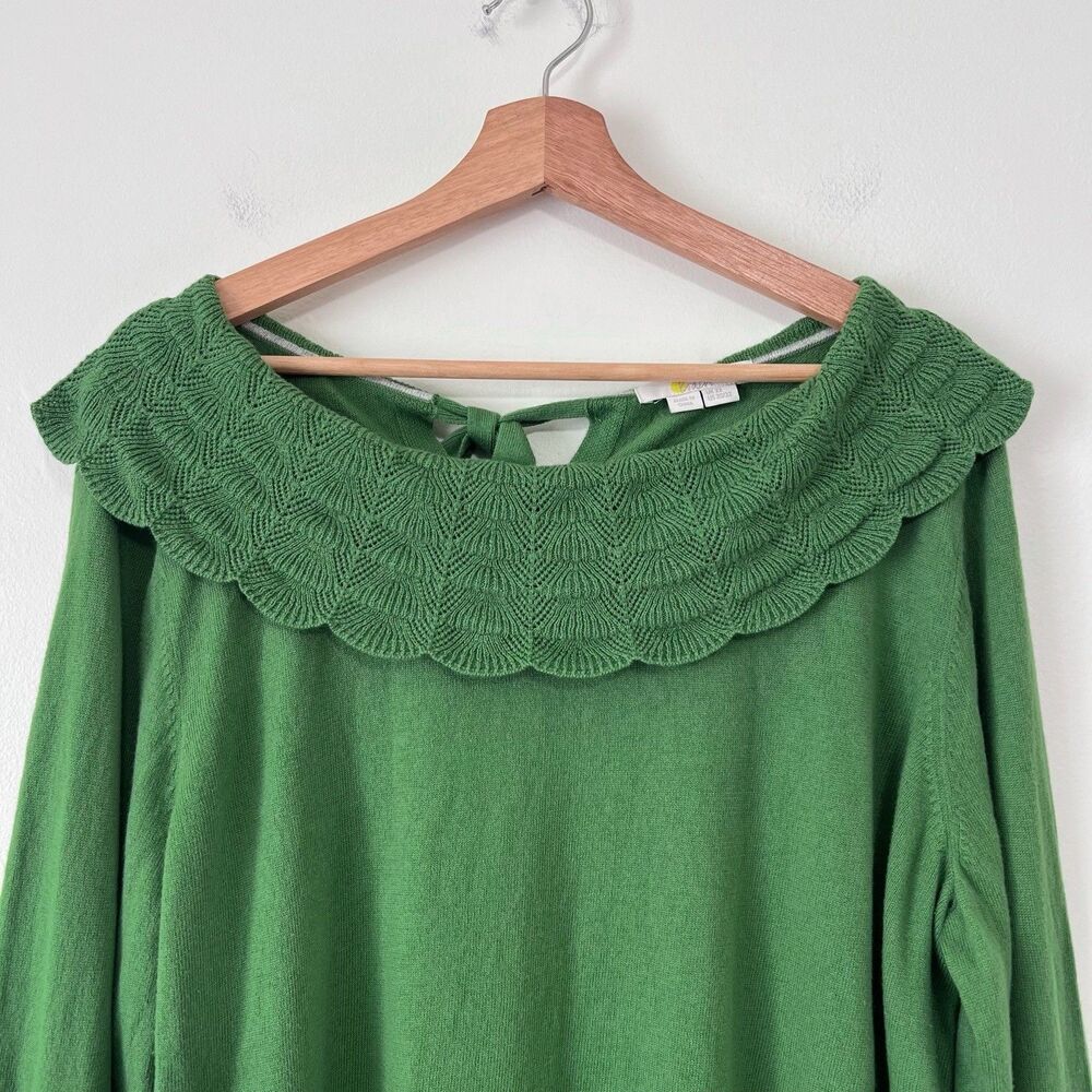 Boden Tie Back Collar Jumper Sweater US 20/22 Green Cotton Wool Scallop Knit - Picture 3 of 8